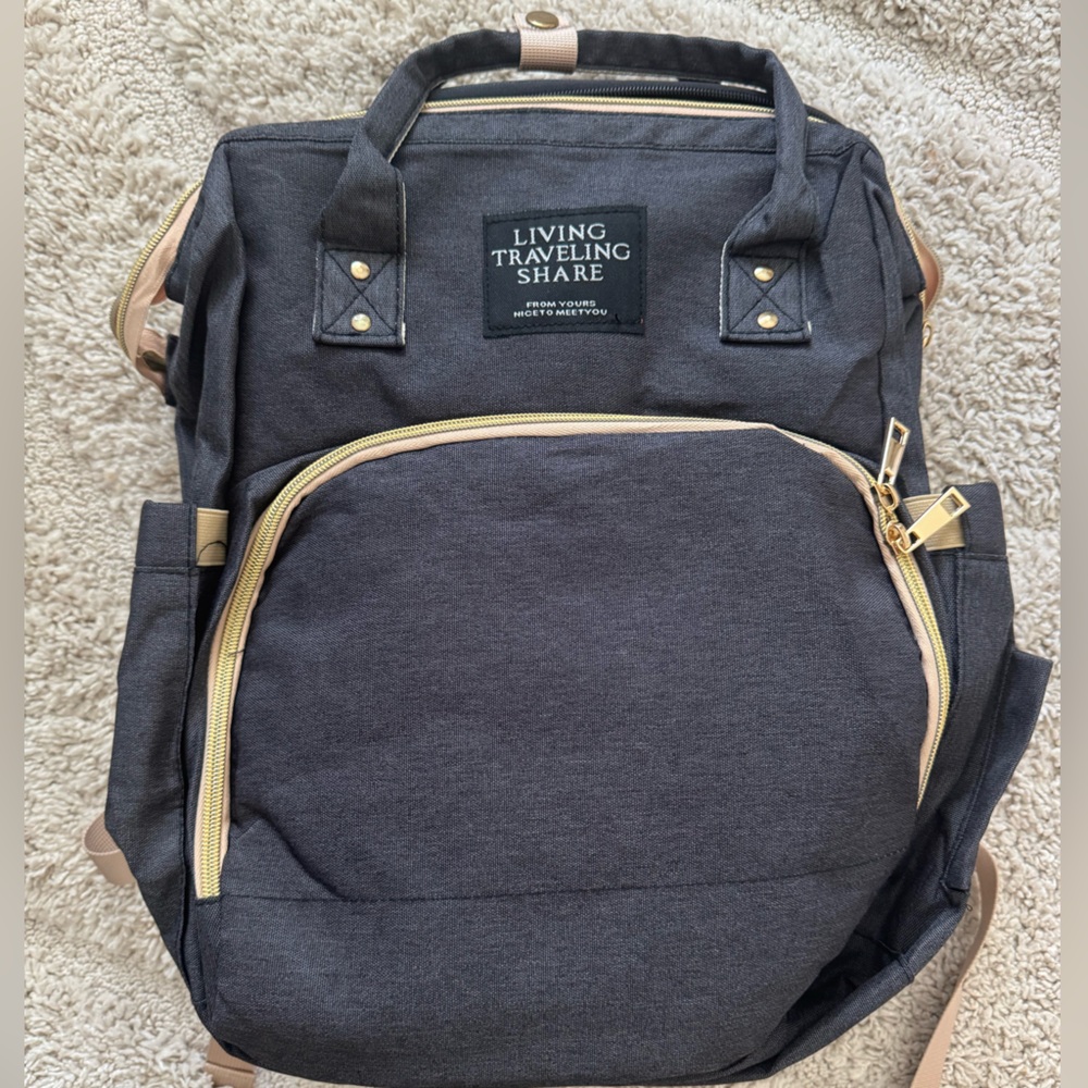 Baby Diaper Bag Multifunctional Travel Black Backpack with Gold Accents